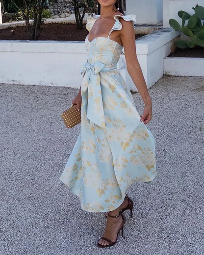 Robe imprimée nœud à la taille manches papillon femme