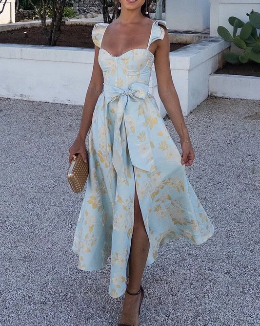 Robe imprimée nœud à la taille manches papillon femme