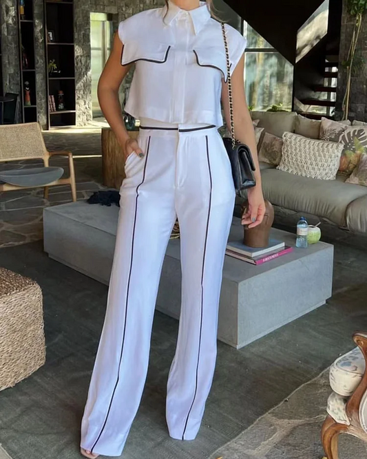 Ensemble gilet et pantalon large taille haute femme