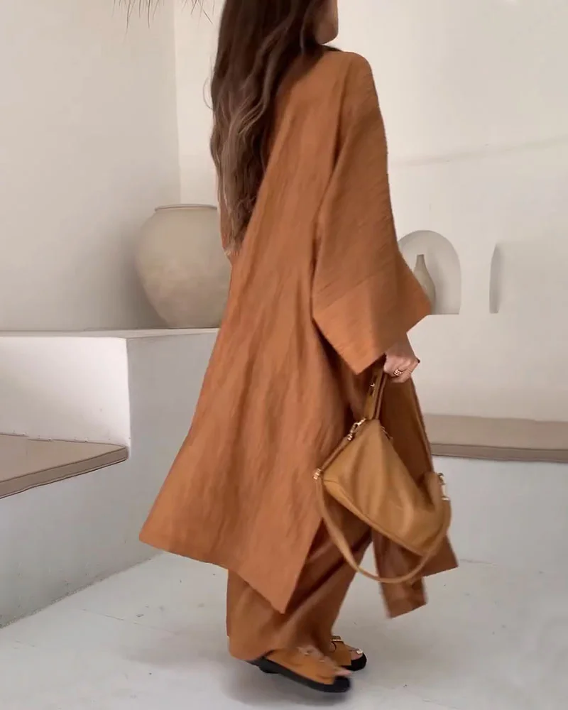 Cardigan long fendu deux pièces décontracté femme