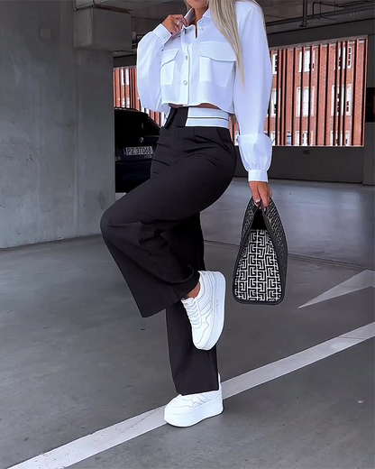 Ensemble haut à revers et pantalon manches longues femme