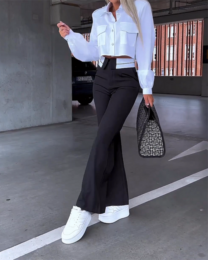 Ensemble haut à revers et pantalon manches longues femme