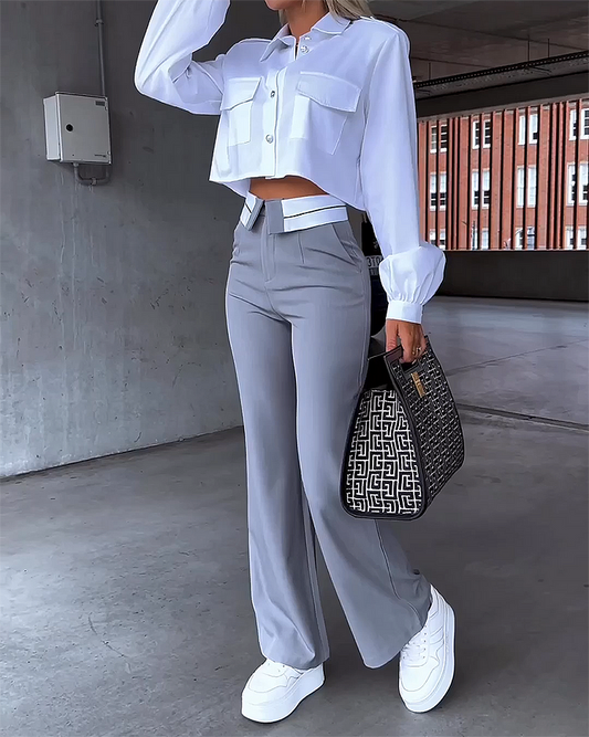 Ensemble haut à revers et pantalon manches longues femme