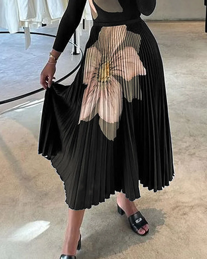 Ensemble top manches longues et jupe plissée en maille imprimée femme