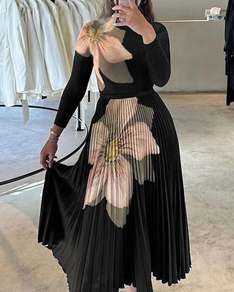 Ensemble top manches longues et jupe plissée en maille imprimée femme