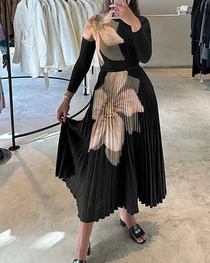 Ensemble top manches longues et jupe plissée en maille imprimée femme