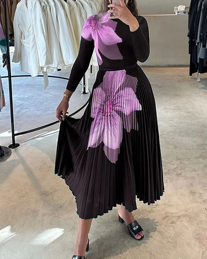 Ensemble top manches longues et jupe plissée en maille imprimée femme