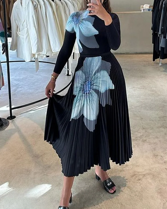 Ensemble top manches longues et jupe plissée en maille imprimée femme
