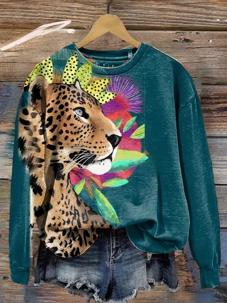 Sweat-shirt imprimé léopard et fleurs manches longues femme