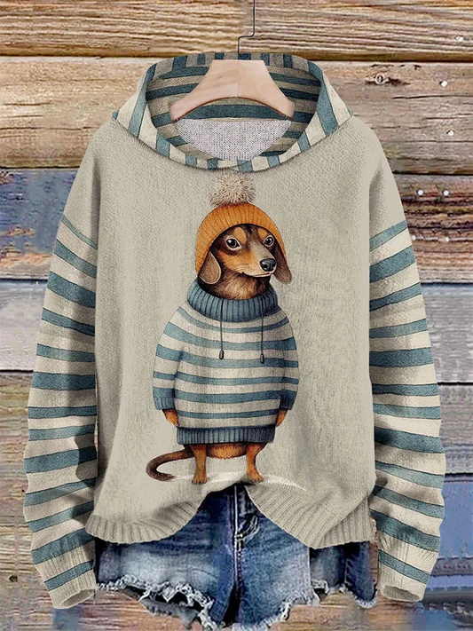 Sweat à capuche rayé imprimé teckel femme