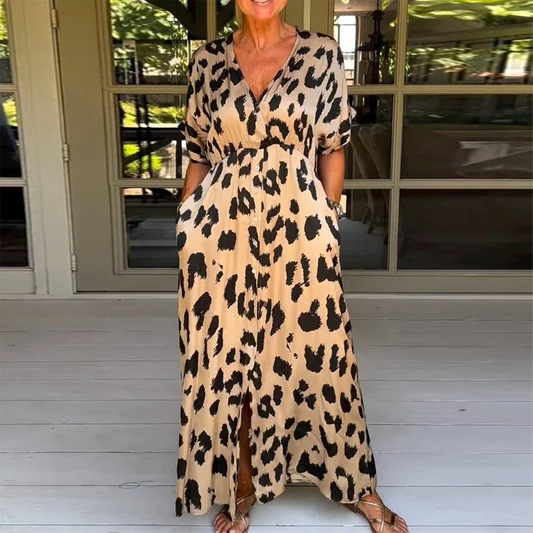 Robe longue col V imprimé léopard femme