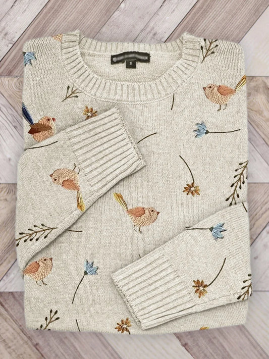 Pull en maille brodé fleurs et oiseaux femme