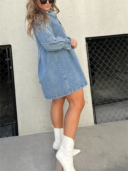 Robe en jean délavé manches bouffantes femme