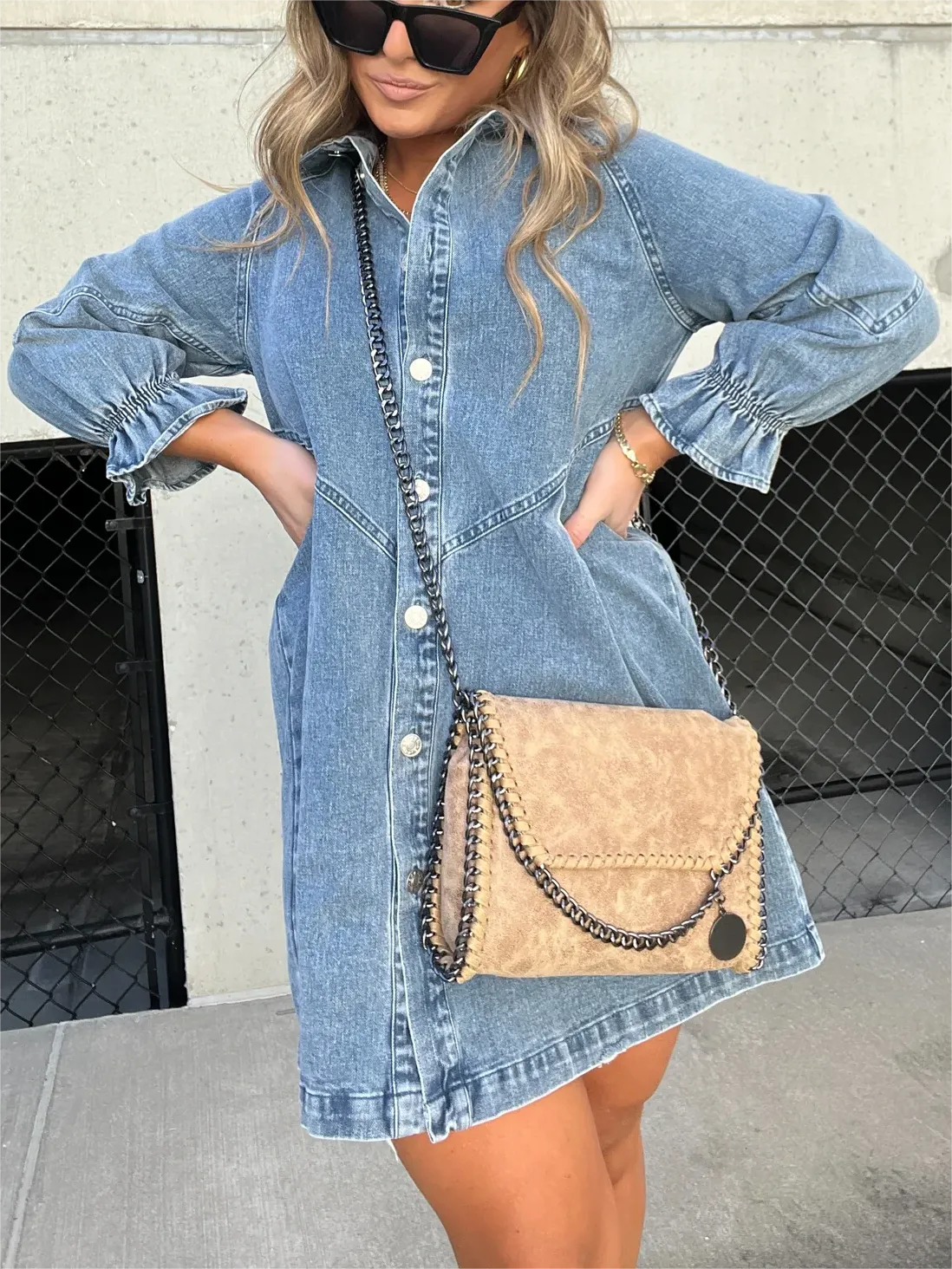 Robe en jean délavé manches bouffantes femme