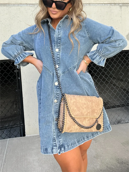 Robe en jean délavé manches bouffantes femme