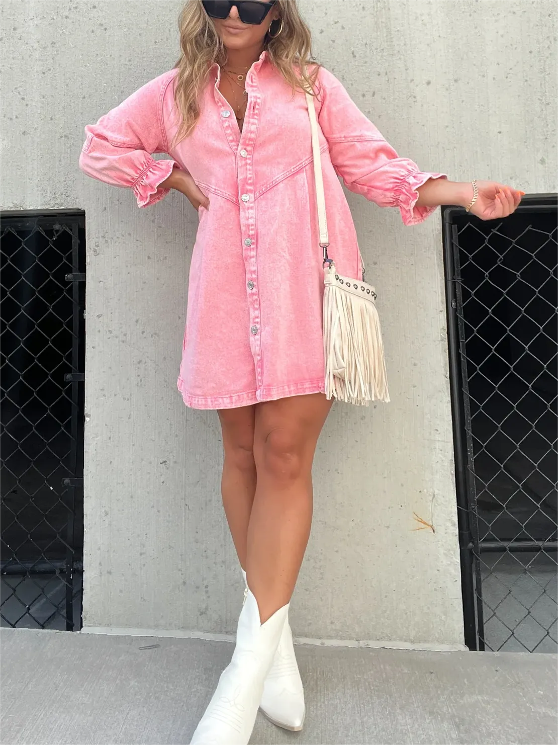 Robe en jean délavé manches bouffantes femme