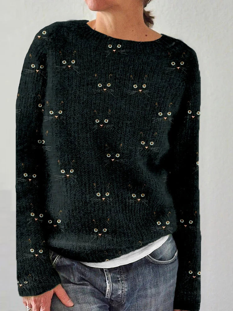Pull col rond imprimé chat femme