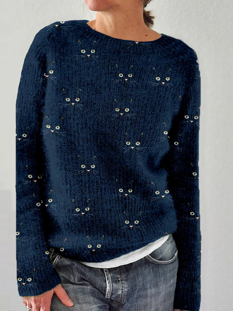 Pull col rond imprimé chat femme